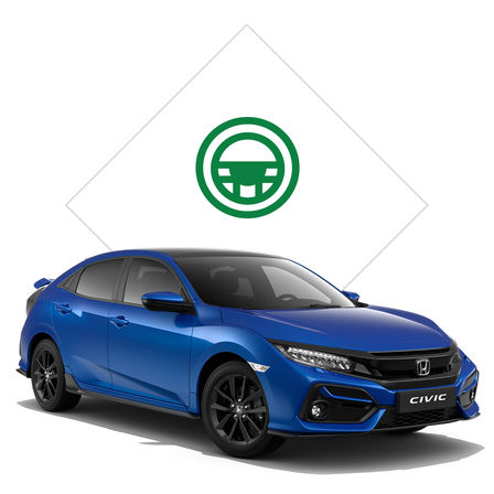 Front facing Honda Civic with test drive illustration.