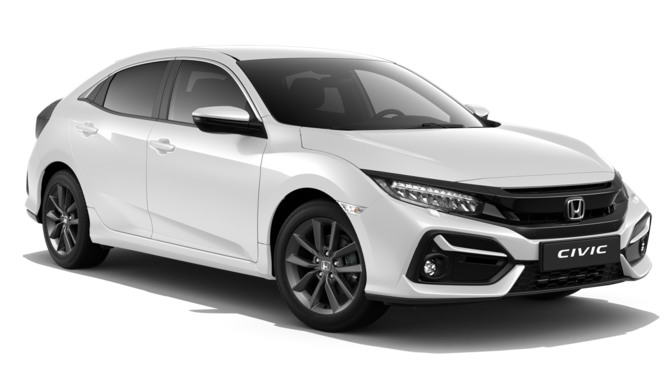 Tříčtvrtinový pohled zpředu na model Honda Civic 5D Comfort Sport Line Platinum White